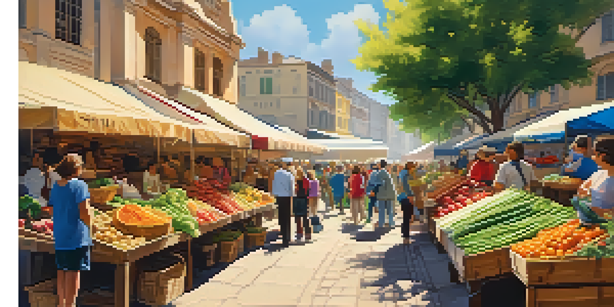 A vibrant outdoor market with colorful stalls, fresh produce, and people socializing under a bright sky.