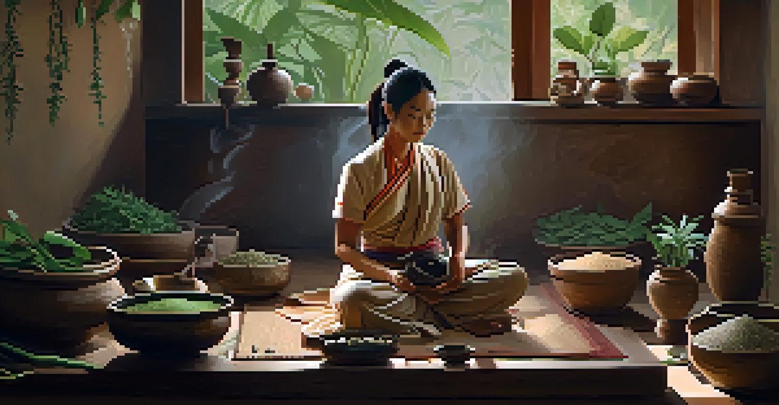 A Thai medicine practitioner preparing herbal remedies surrounded by herbs and a mortar and pestle. The scene is warm and tranquil, with earthy tones and soft light.