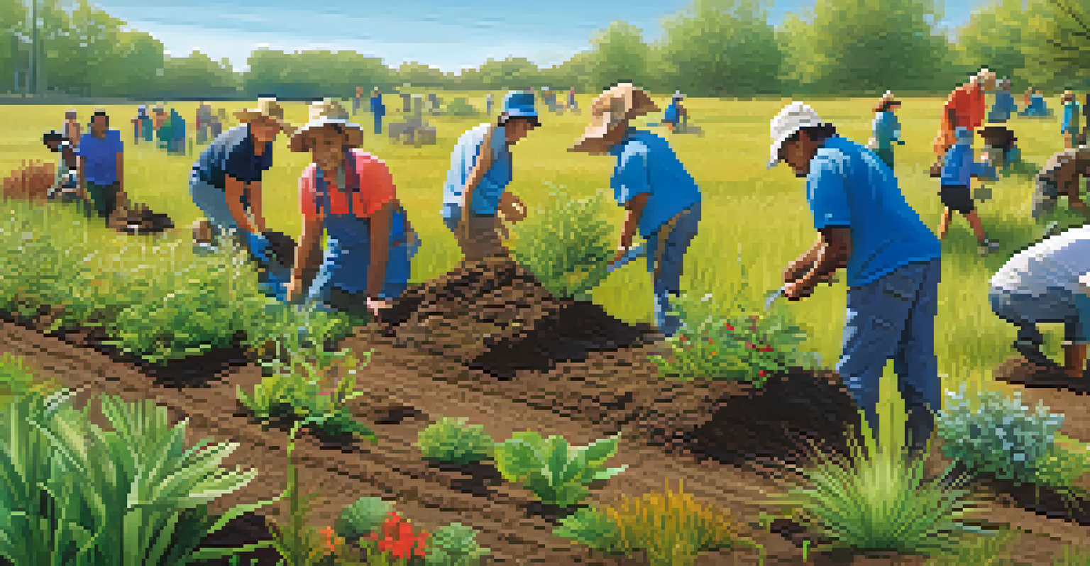 Local community members planting native vegetation in a wildlife corridor under a sunny sky.