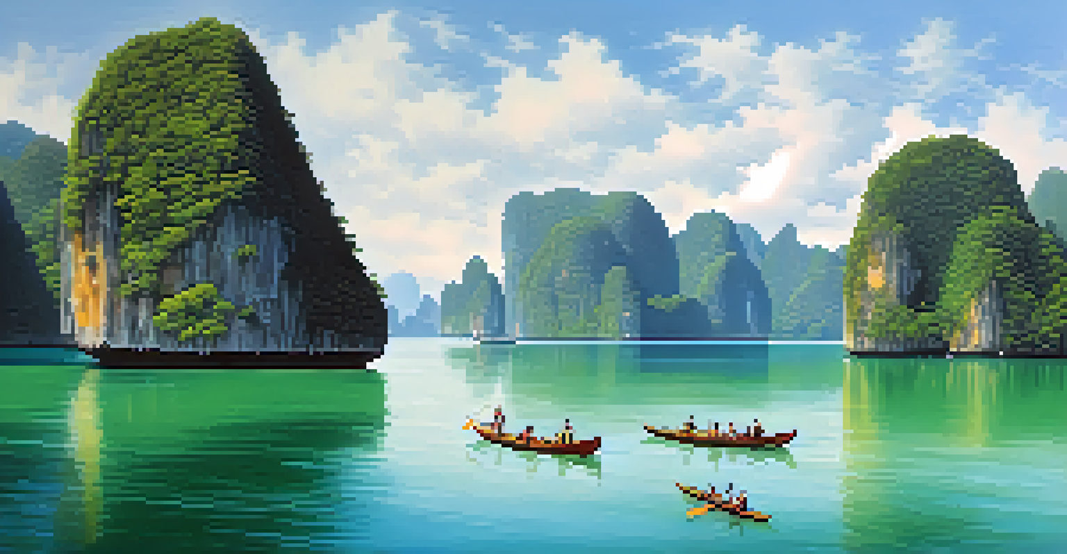 Aerial view of Phang Nga Bay in Thailand with limestone cliffs and emerald waters, featuring kayakers.