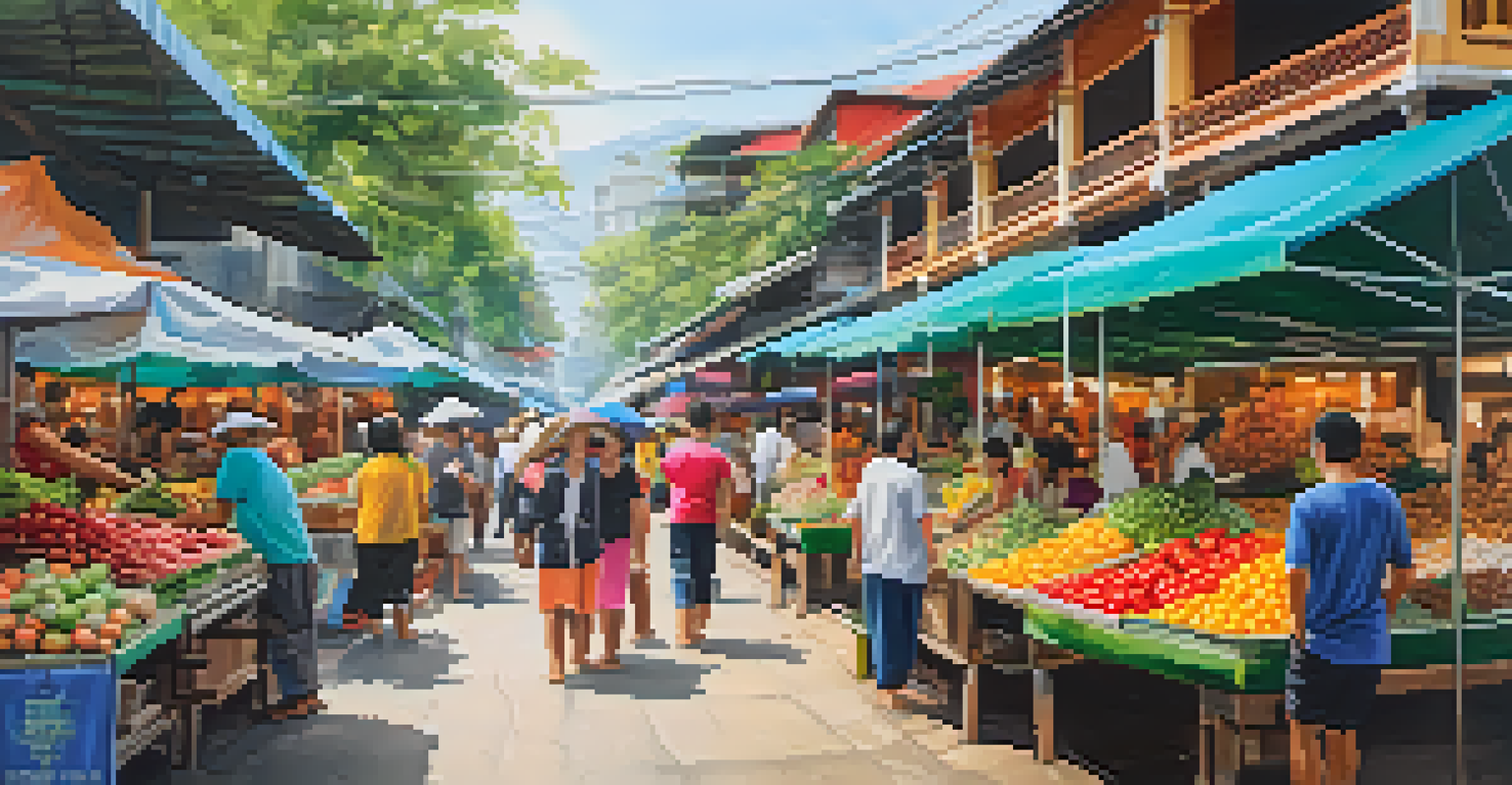 A busy local market in Phuket with colorful stalls and people interacting.