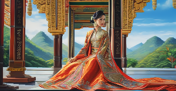 A beautifully crafted traditional Thai dress displayed in front of a Thai temple, showcasing intricate designs and vibrant colors.