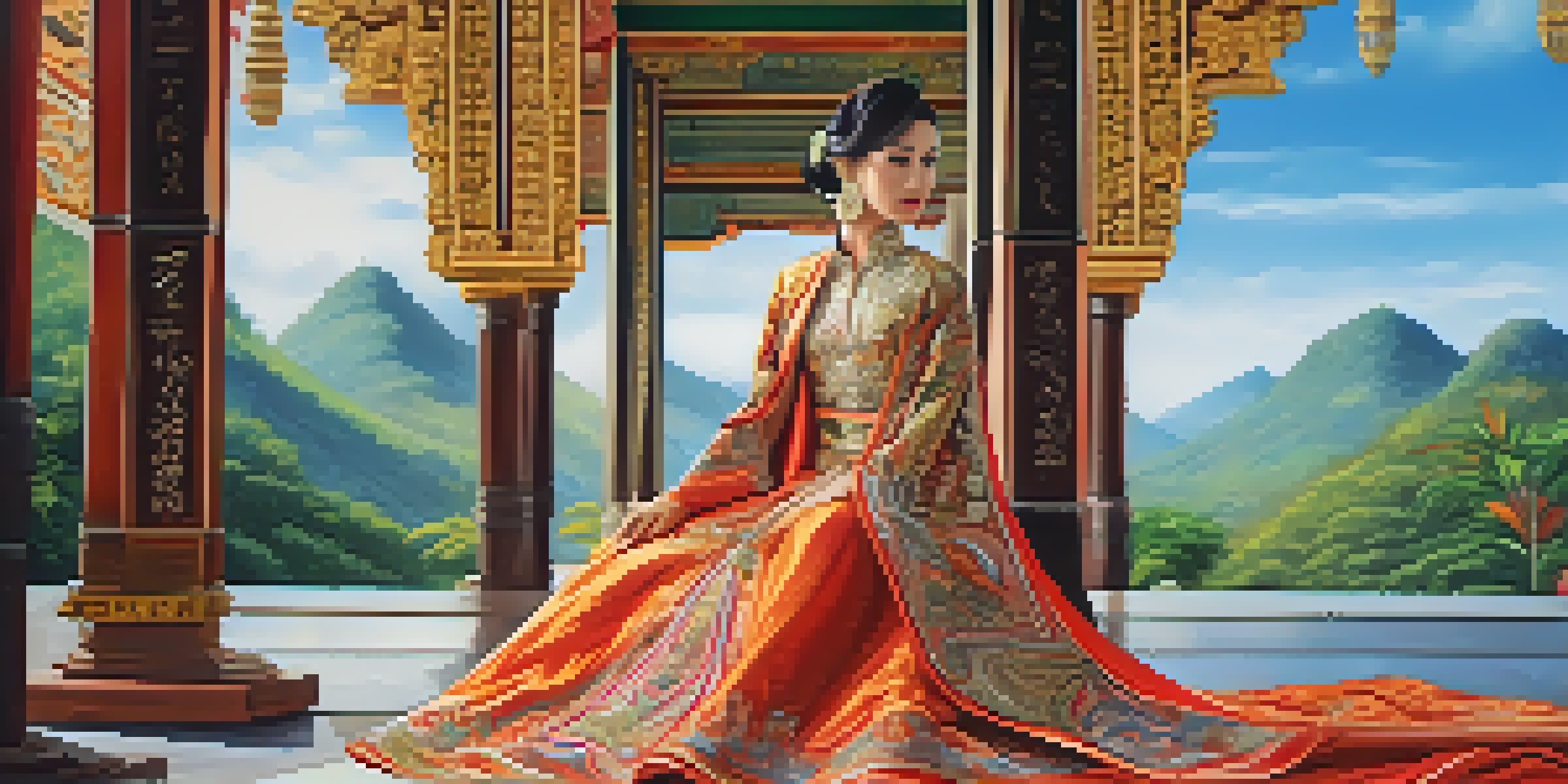 A beautifully crafted traditional Thai dress displayed in front of a Thai temple, showcasing intricate designs and vibrant colors.