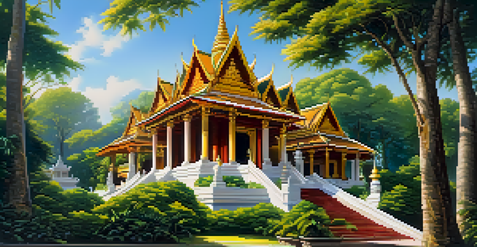 A peaceful Thai temple with tiered roofs and lush gardens, bathed in sunlight.