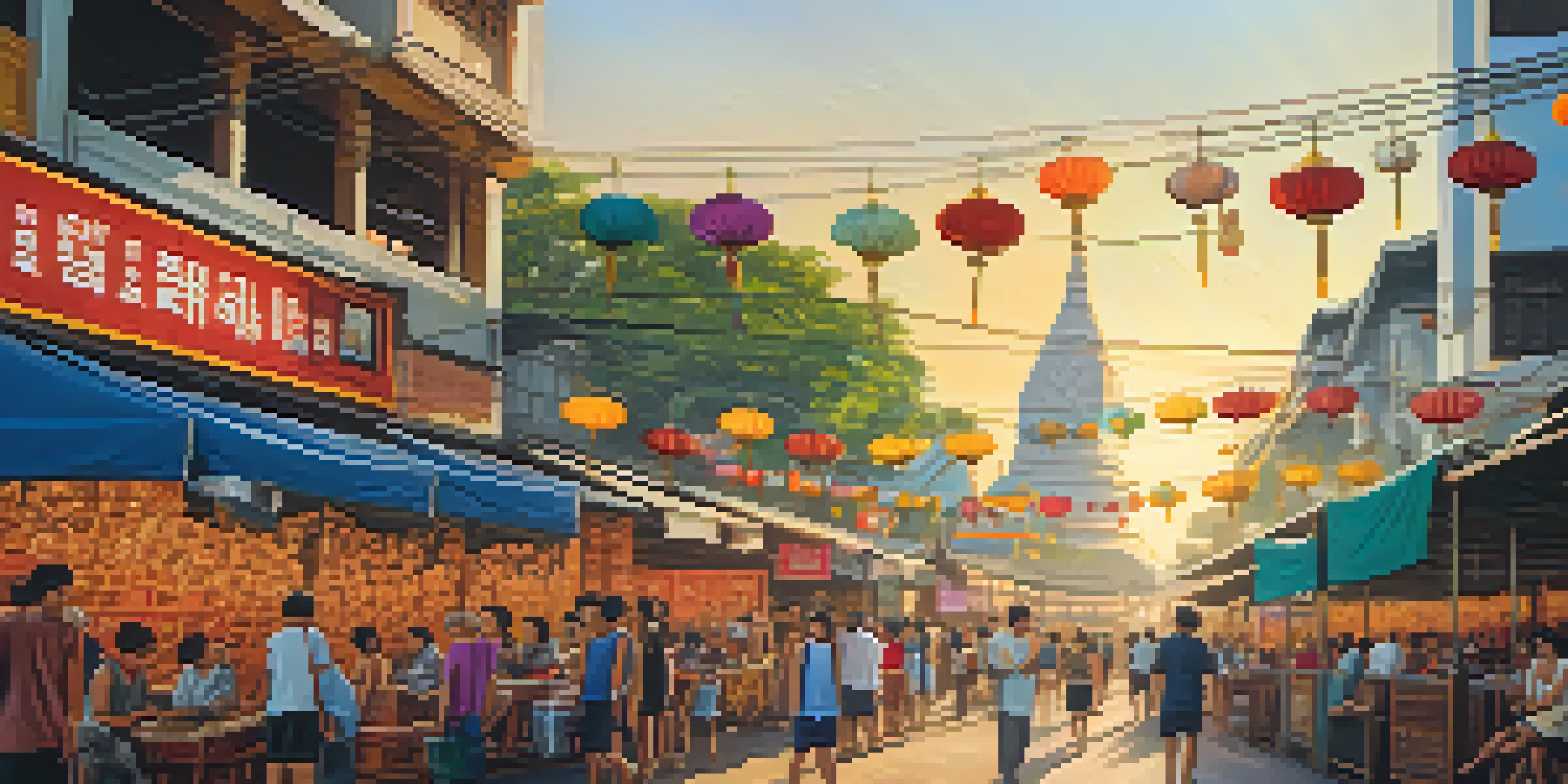 A busy street scene in Bangkok with diverse people enjoying a film festival, colorful banners, and traditional architecture.