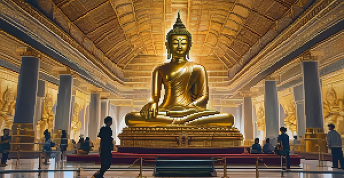 A detailed view of the Golden Buddha statue, showcasing its golden texture and serene expression, surrounded by visitors.