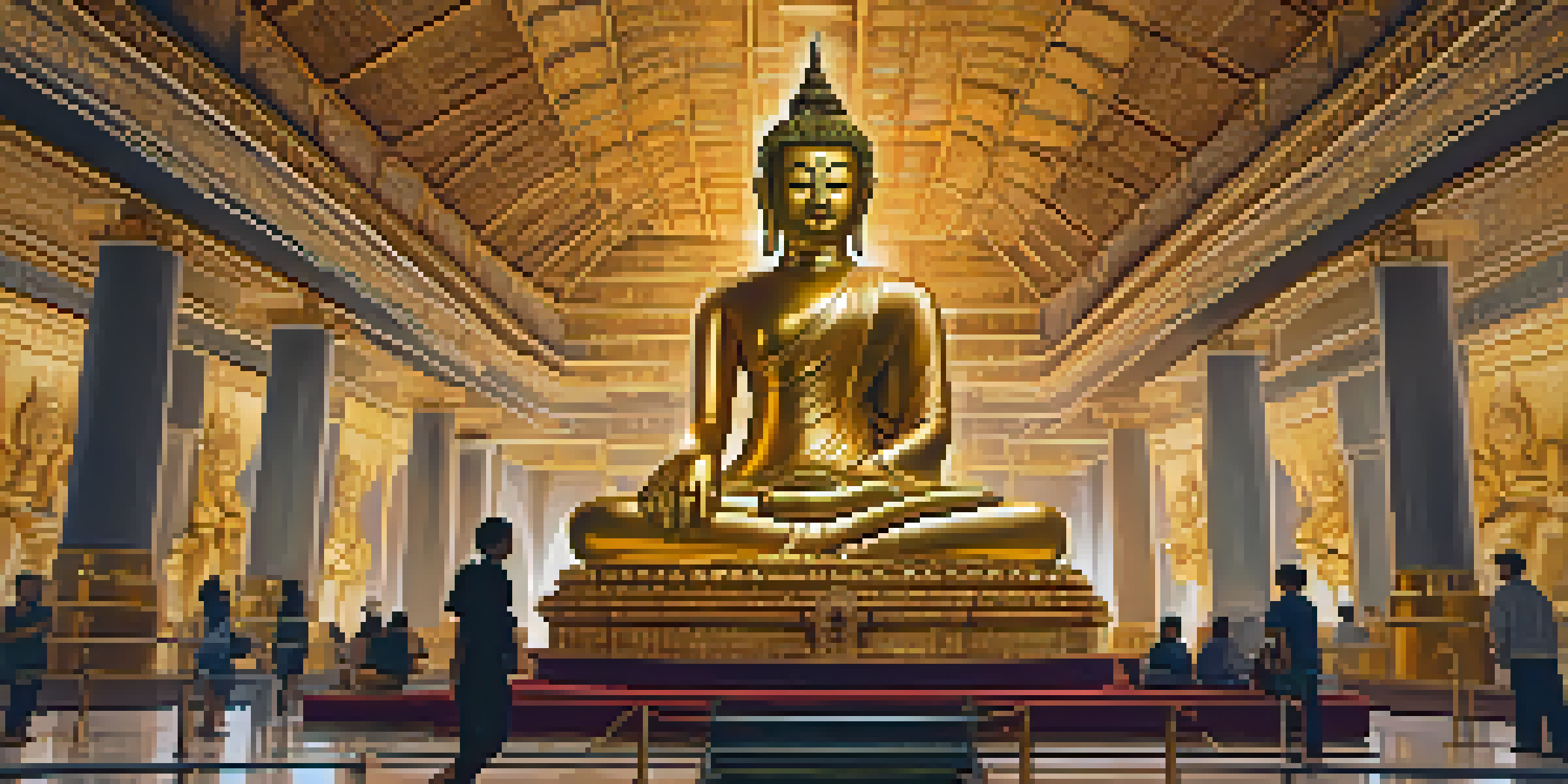A detailed view of the Golden Buddha statue, showcasing its golden texture and serene expression, surrounded by visitors.