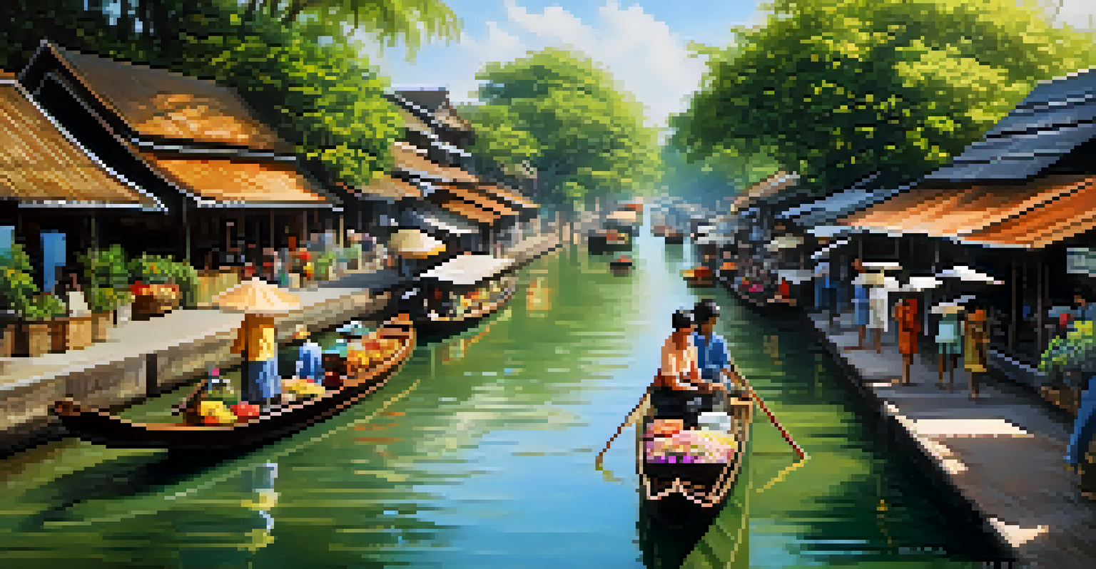 A picturesque Khlong tour in Bangkok, showcasing wooden houses and vendors along the canals.