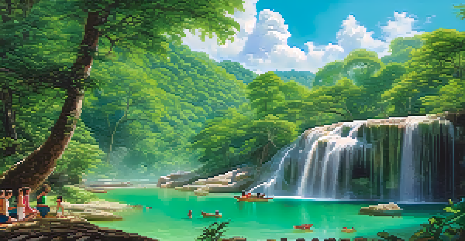 Families enjoying a picnic by the emerald green ponds in Erawan National Park, with children playing in the water and lush greenery surrounding them.
