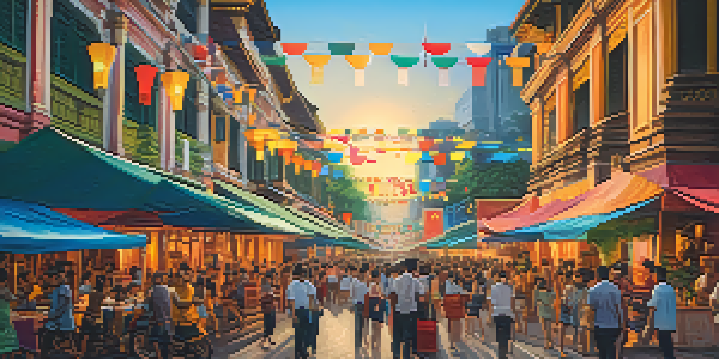 A lively street scene at the Bangkok International Film Festival, with colorful banners and enthusiastic crowds engaging in discussions.