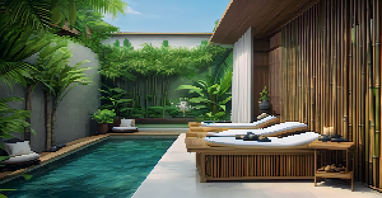A peaceful wellness spa area in Koh Samui with bamboo loungers, greenery, and aromatherapy candles.