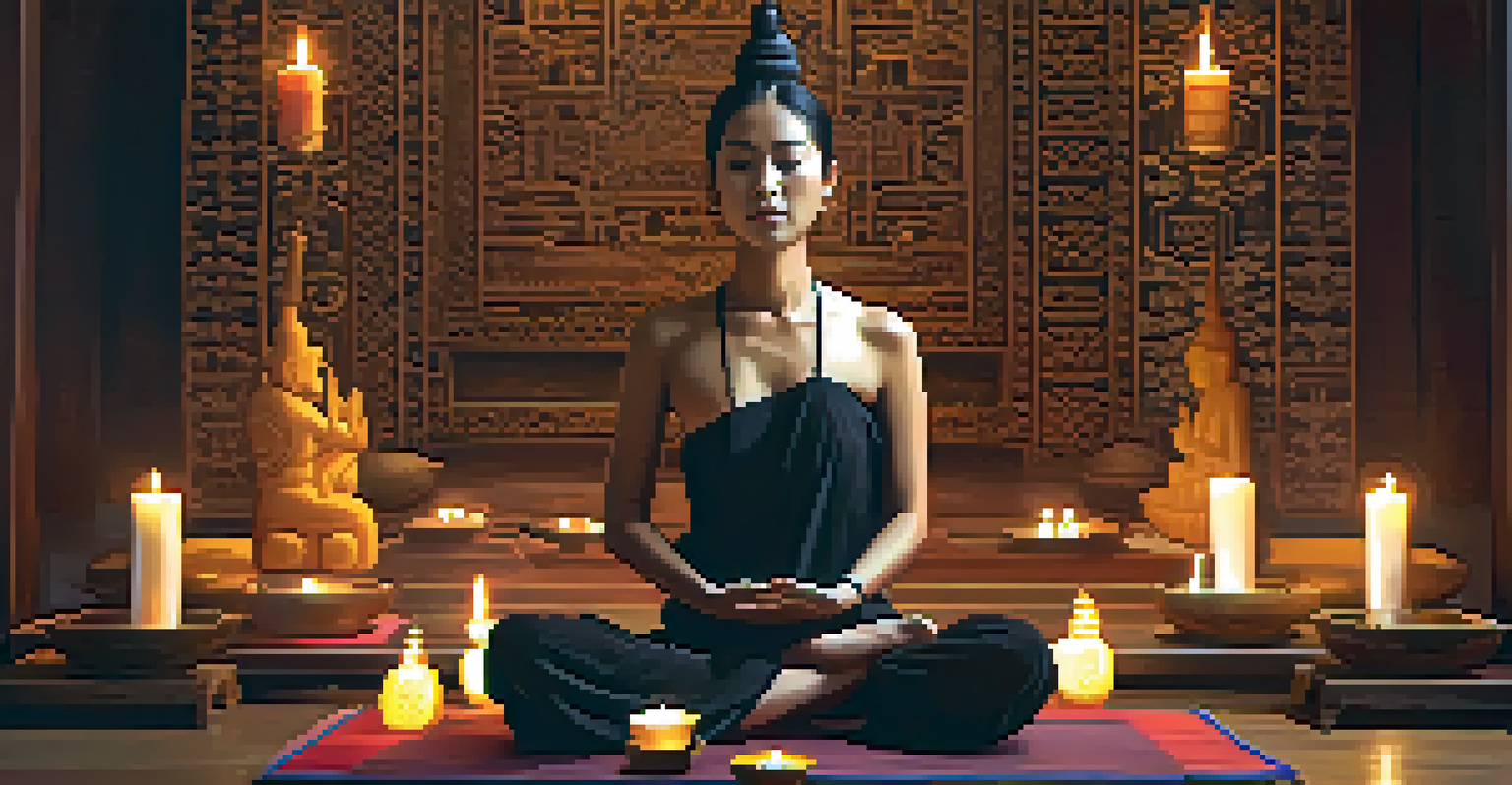 A person meditating in a traditional Thai setting, surrounded by candles and incense, with warm lighting and cultural decor.
