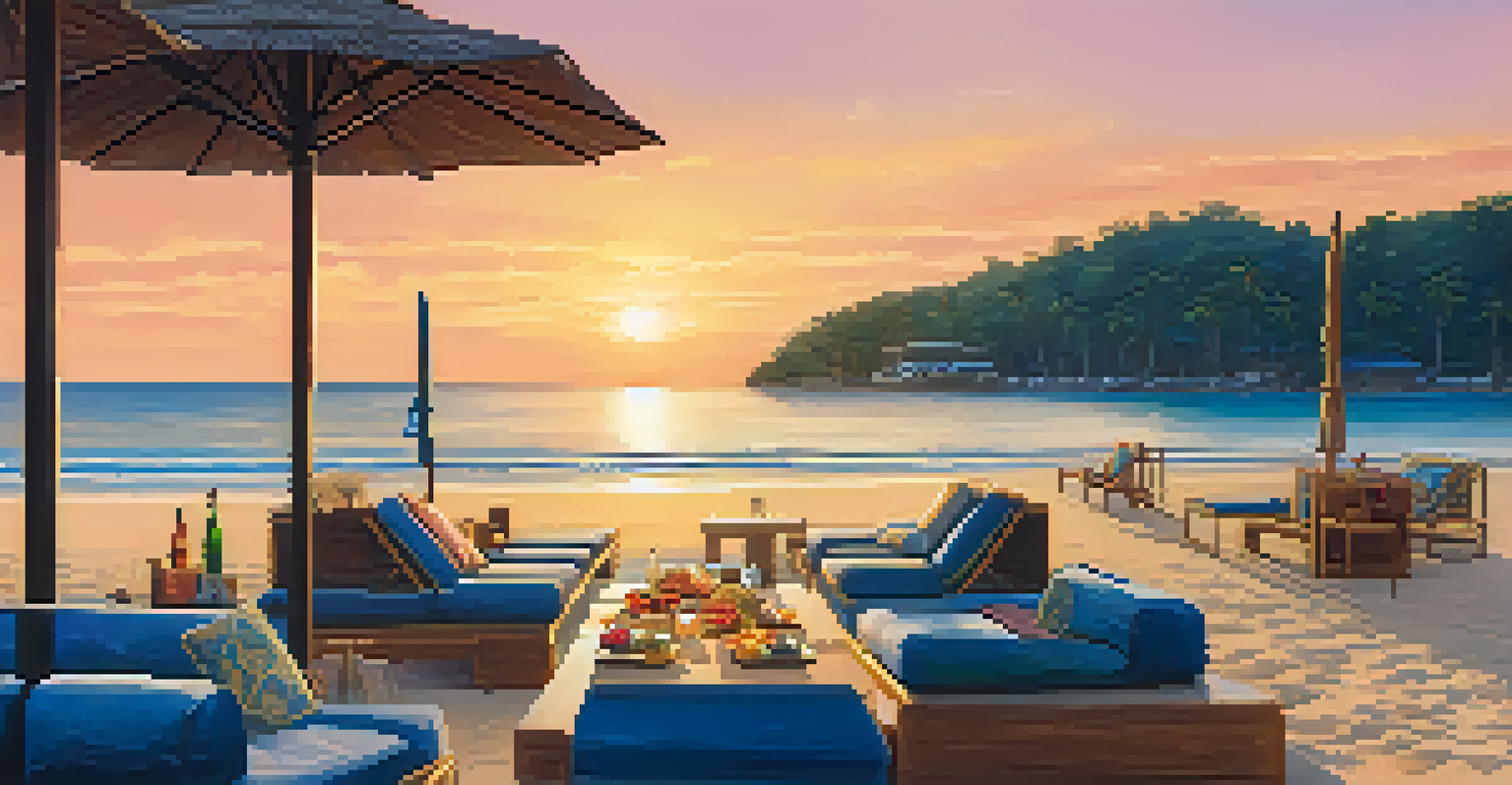 A peaceful sunset view from a beach club, with loungers and colorful cocktails on a table, and the sun setting over the water.