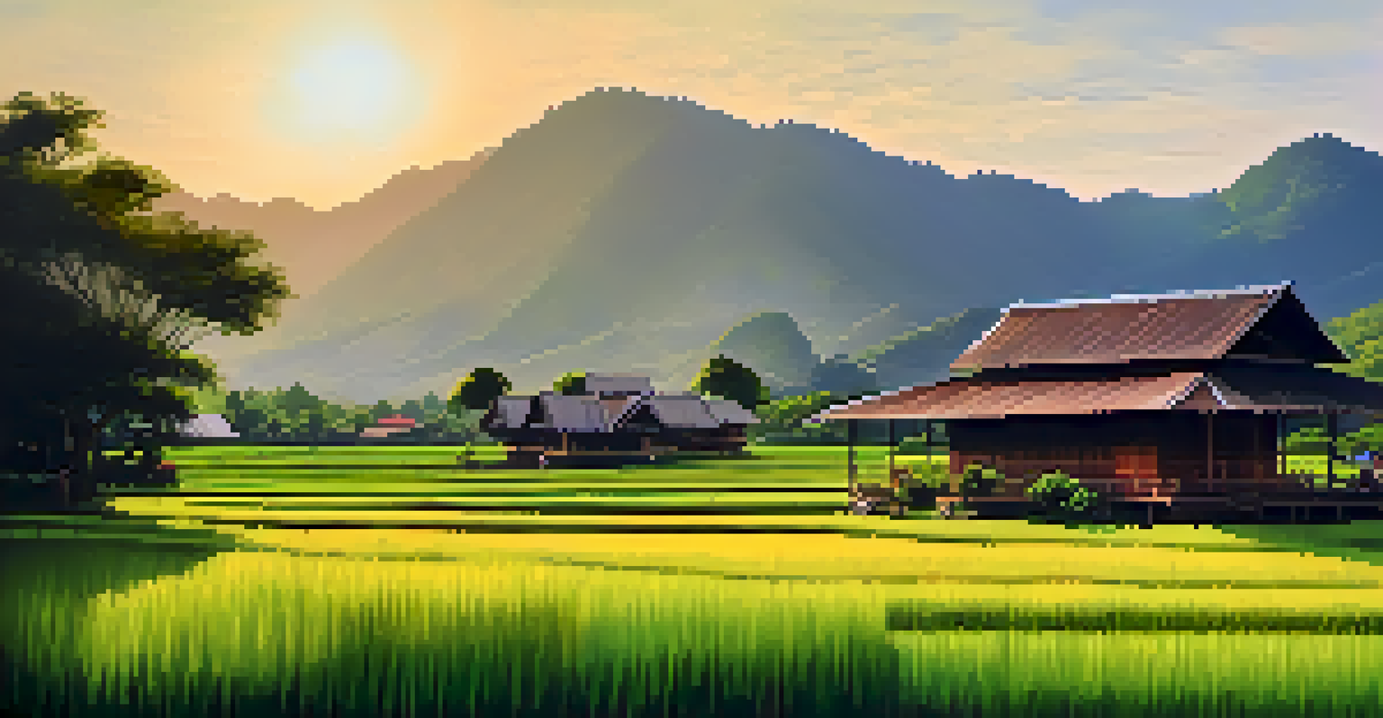 A traditional wooden house amidst green fields and mountains in northern Thailand during sunset.