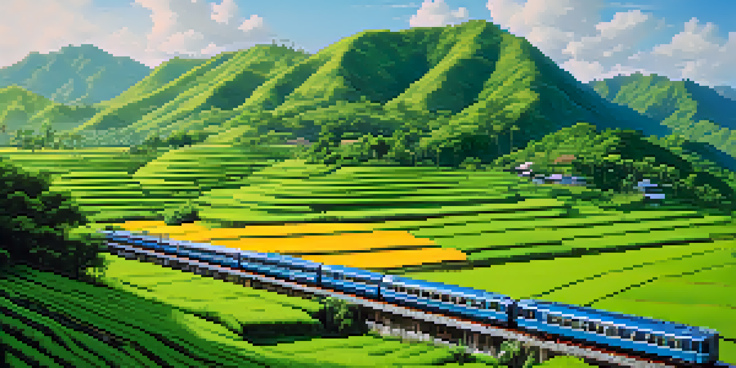 A train travels through green rice paddies and hills in Kanchanaburi, Thailand, with a blue sky overhead.