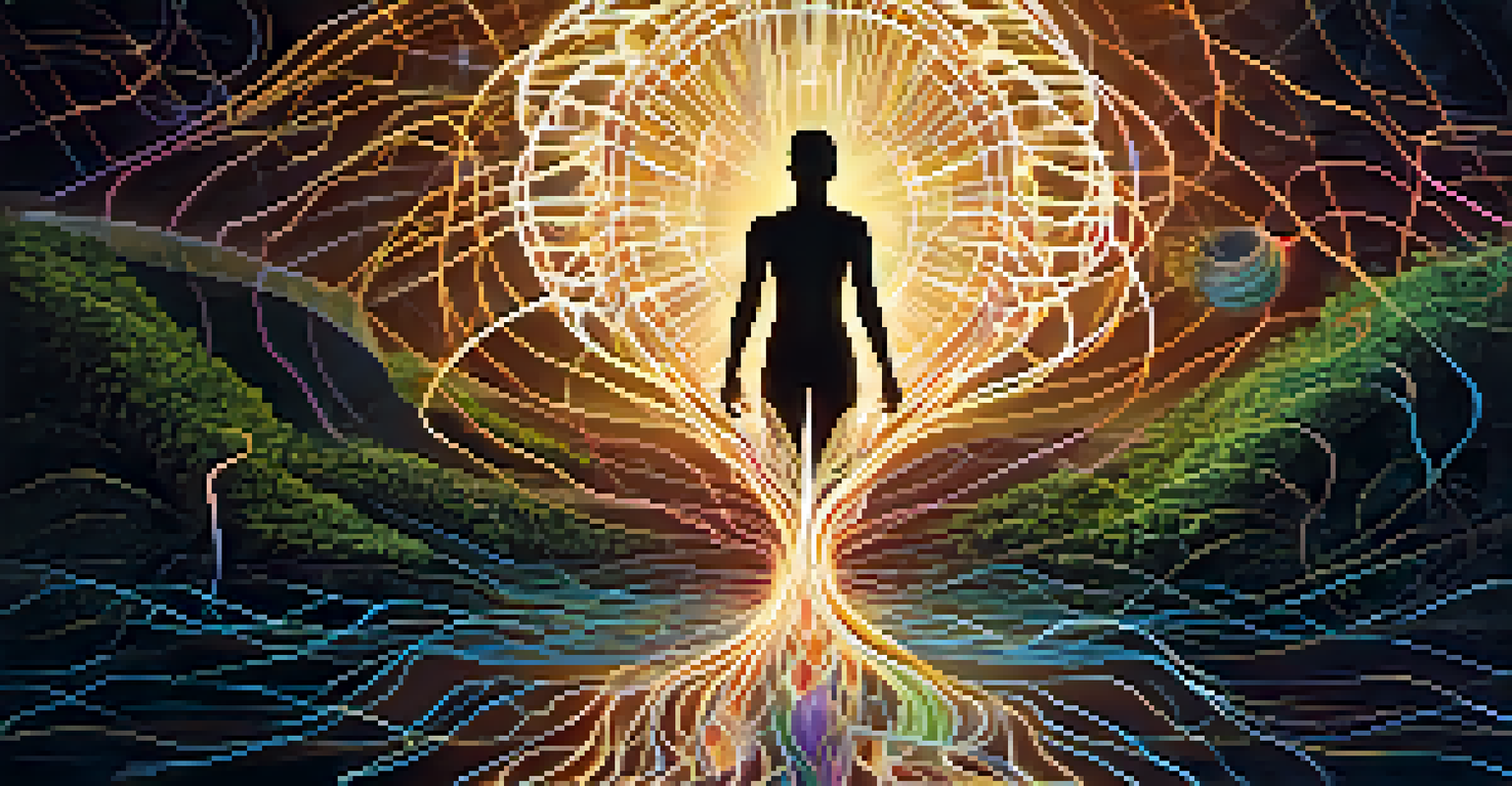 An artistic representation of energy flow in the human body, featuring glowing pathways and a silhouette surrounded by natural elements.