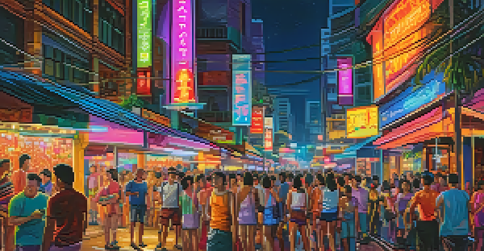 A lively street in Bangkok's Silom district filled with colorful neon lights, people enjoying nightlife, and palm trees.