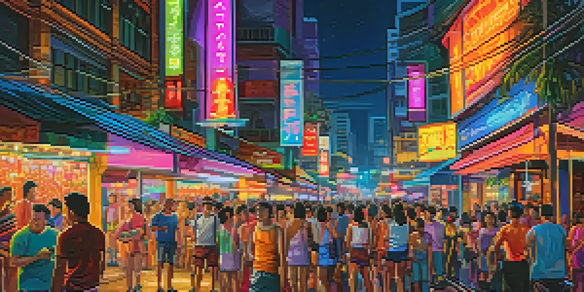 A lively street in Bangkok's Silom district filled with colorful neon lights, people enjoying nightlife, and palm trees.