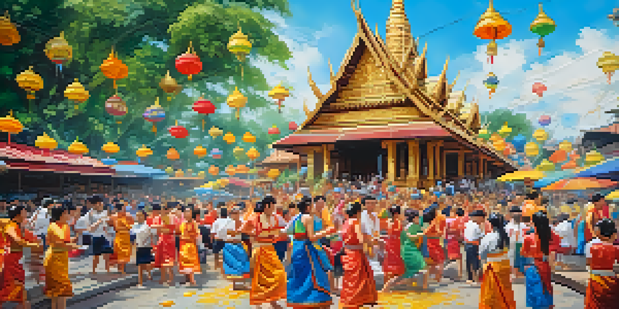 A lively festival scene with people in traditional Lanna clothing celebrating Songkran by splashing water, surrounded by colorful decorations and greenery.