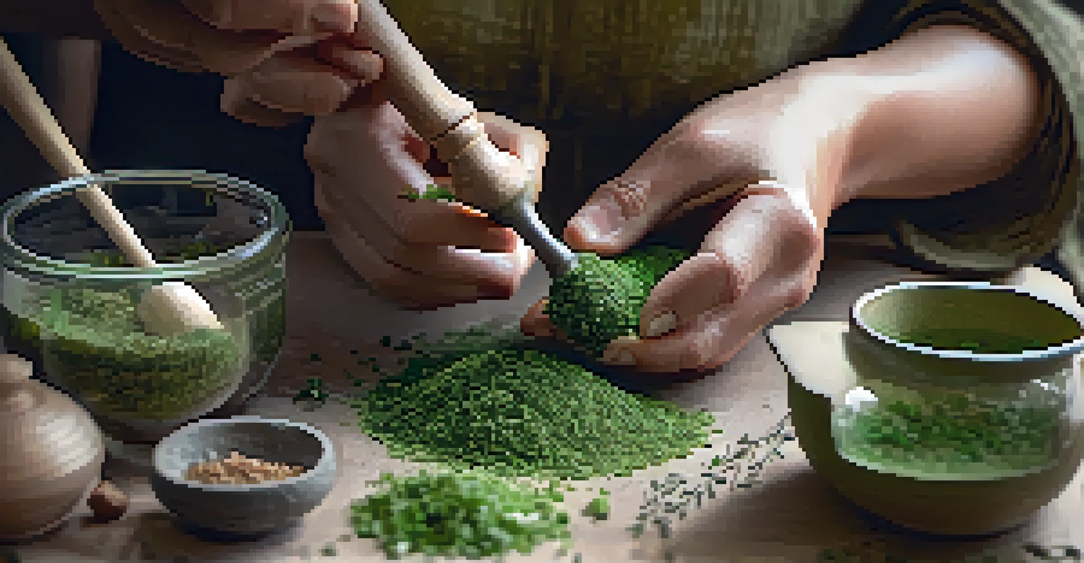 A close-up of hands grinding herbs with a mortar and pestle in a Thai herbal medicine workshop, with vibrant colors and warm light.