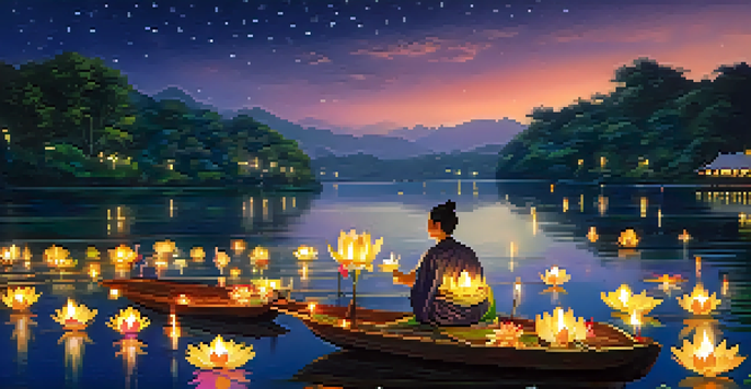 A peaceful river at night filled with floating krathongs and illuminated lanterns against a starry sky during the Loy Krathong festival.
