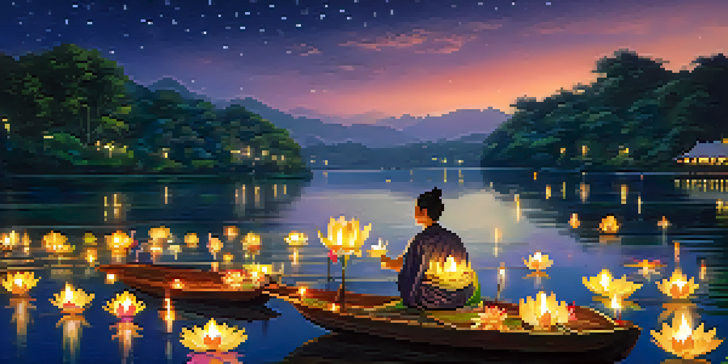 A peaceful river at night filled with floating krathongs and illuminated lanterns against a starry sky during the Loy Krathong festival.
