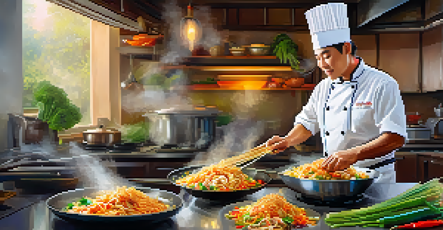 A chef stir-frying Pad Thai in a wok, showcasing the vibrant ingredients and cooking action.