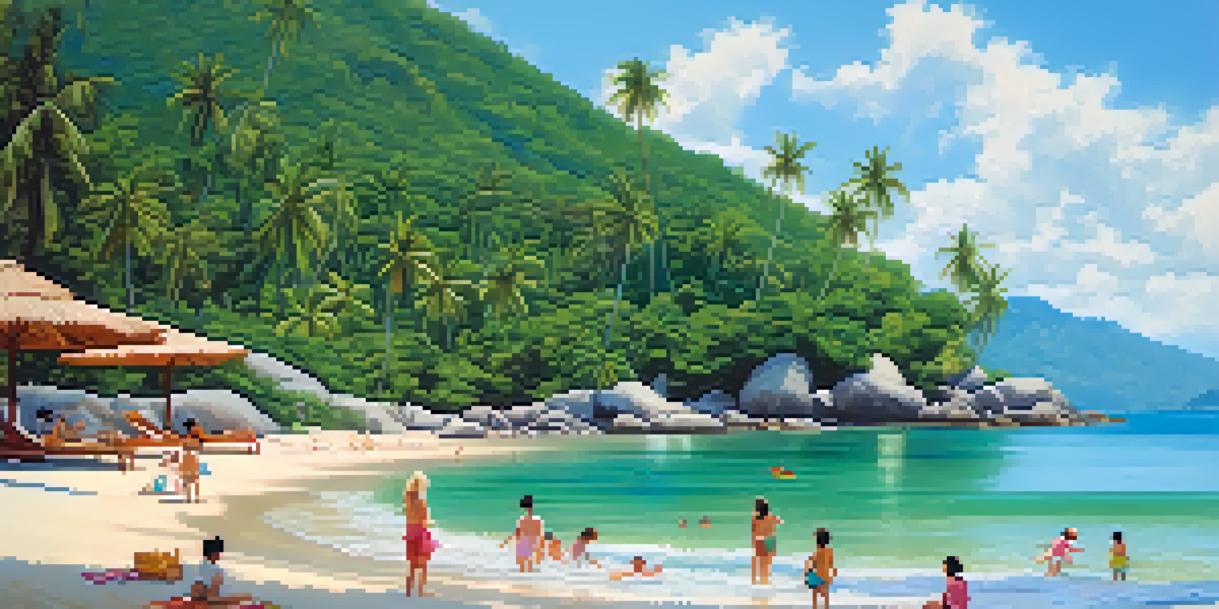 A family playing on a shallow beach in Koh Samui, with children splashing in the water and parents relaxing nearby under palm trees.