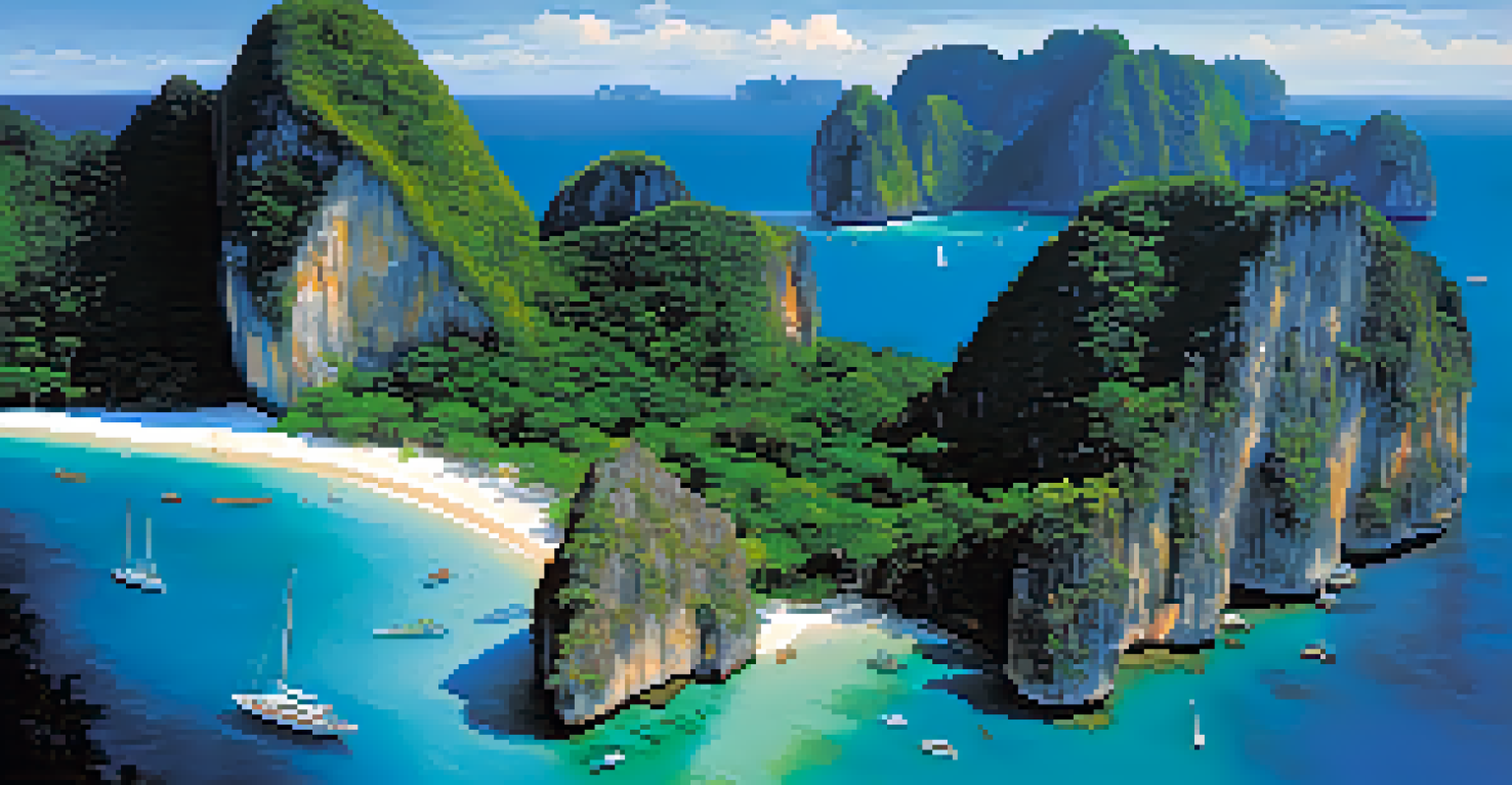 Aerial view of Koh Phi Phi with clear waters, coral reefs, and dramatic cliffs under a blue sky.