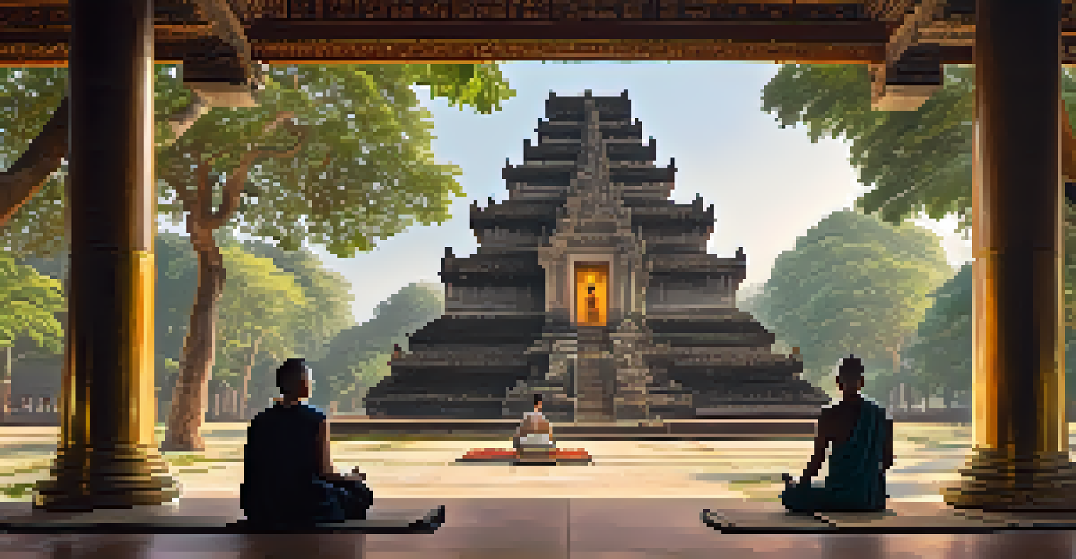 An interior view of Wat Chedi Luang with its impressive chedi and ancient carvings, illuminated by soft light, featuring monks meditating.