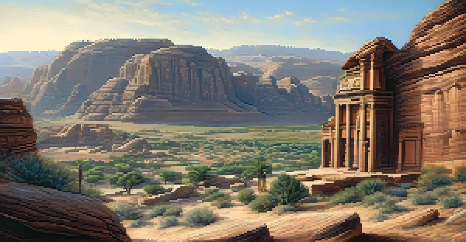 An ancient cultural heritage site with detailed rock formations and carvings, bathed in evening light, with tourists exploring the surroundings.