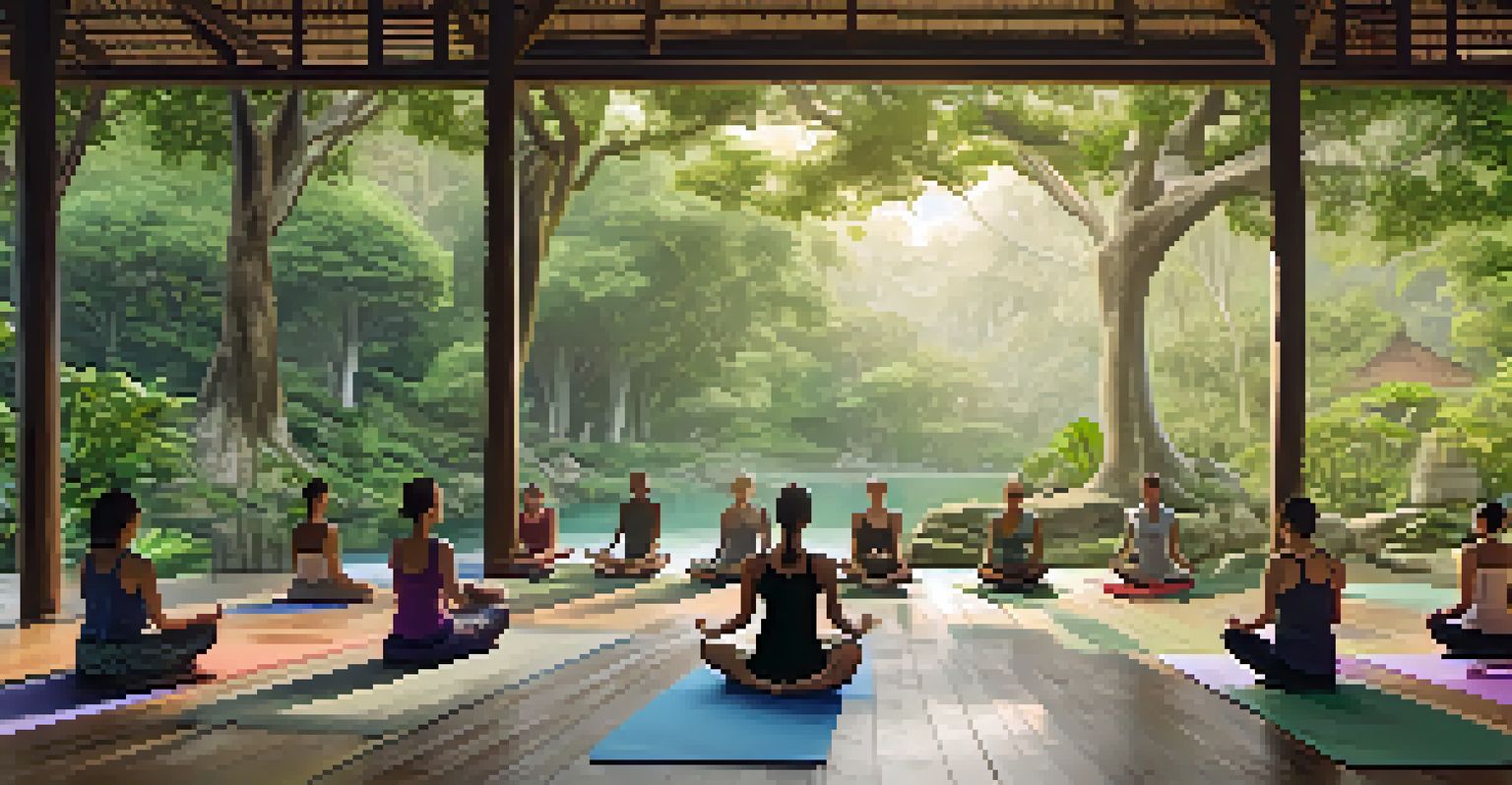 A peaceful outdoor yoga class at a wellness retreat in Chiang Mai, surrounded by trees and a stream.