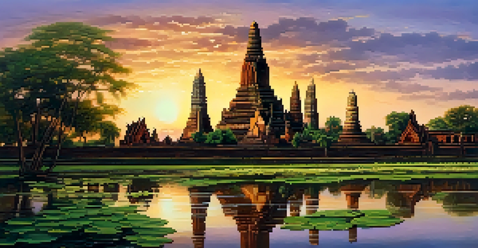 A panoramic view of ancient temple ruins in Ayutthaya during sunset, with golden light reflecting off the structures and lush greenery surrounding the scene.