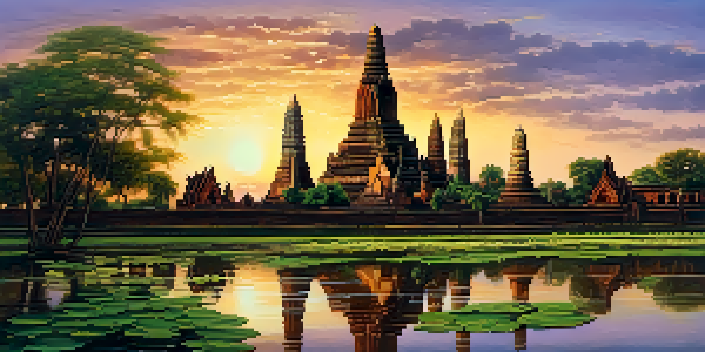 A panoramic view of ancient temple ruins in Ayutthaya during sunset, with golden light reflecting off the structures and lush greenery surrounding the scene.