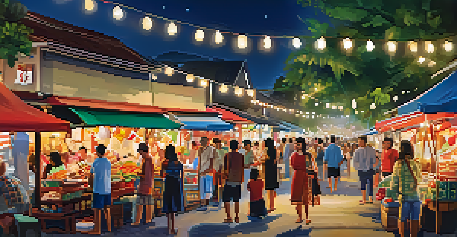 A vibrant night market in Fisherman's Village with colorful stalls, shoppers, and string lights creating a festive atmosphere.