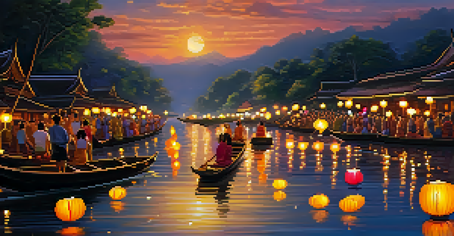 Participants at the Loy Krathong festival releasing lanterns into the river at night, creating a magical and colorful atmosphere.