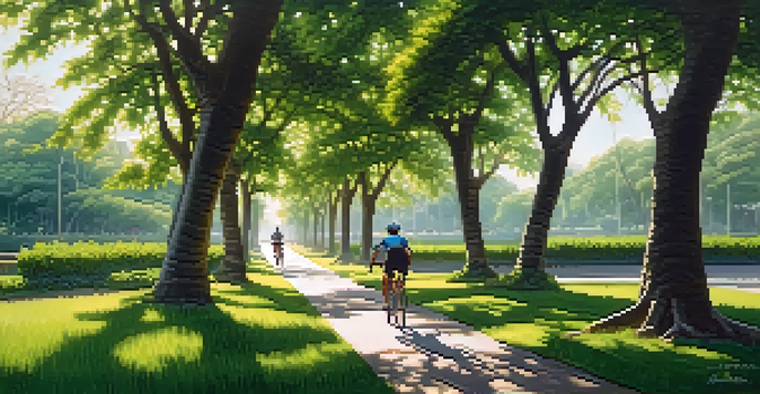 A cyclist riding on a tree-lined path in Bangkok's Green Lung, surrounded by lush greenery and sunlight filtering through the leaves.