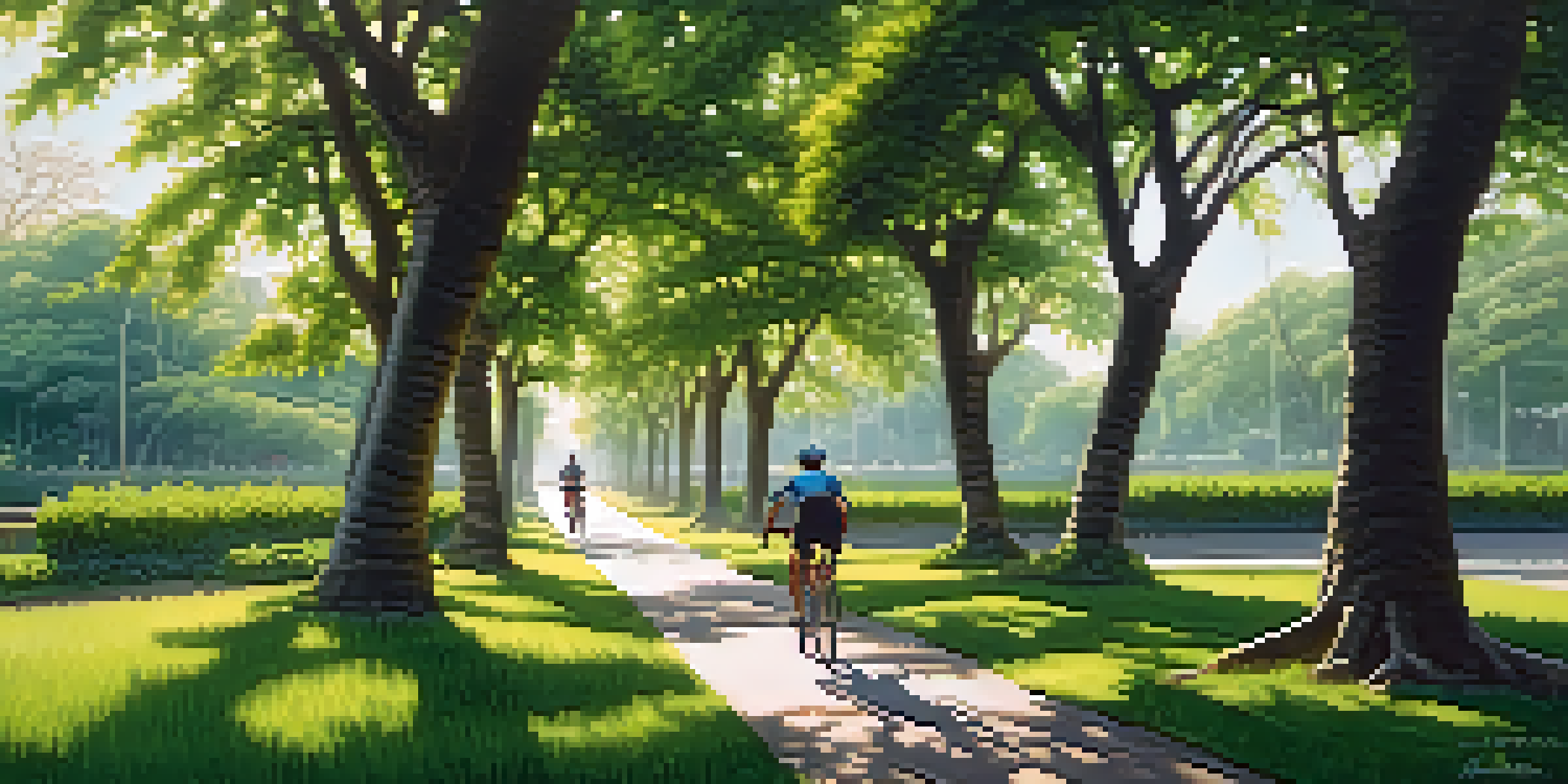 A cyclist riding on a tree-lined path in Bangkok's Green Lung, surrounded by lush greenery and sunlight filtering through the leaves.