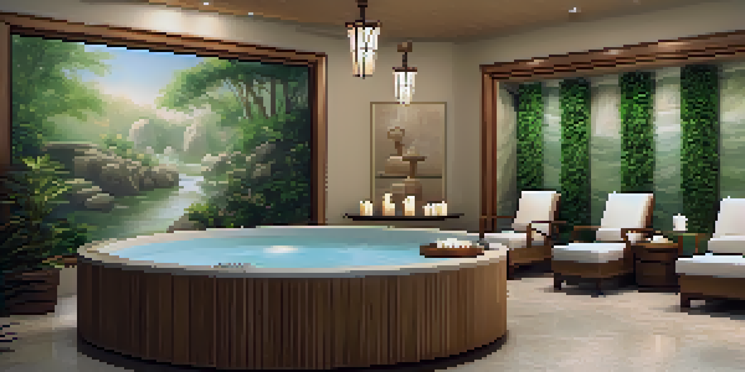 A tranquil spa room with soft lighting, candles, and a fountain, designed for relaxation.