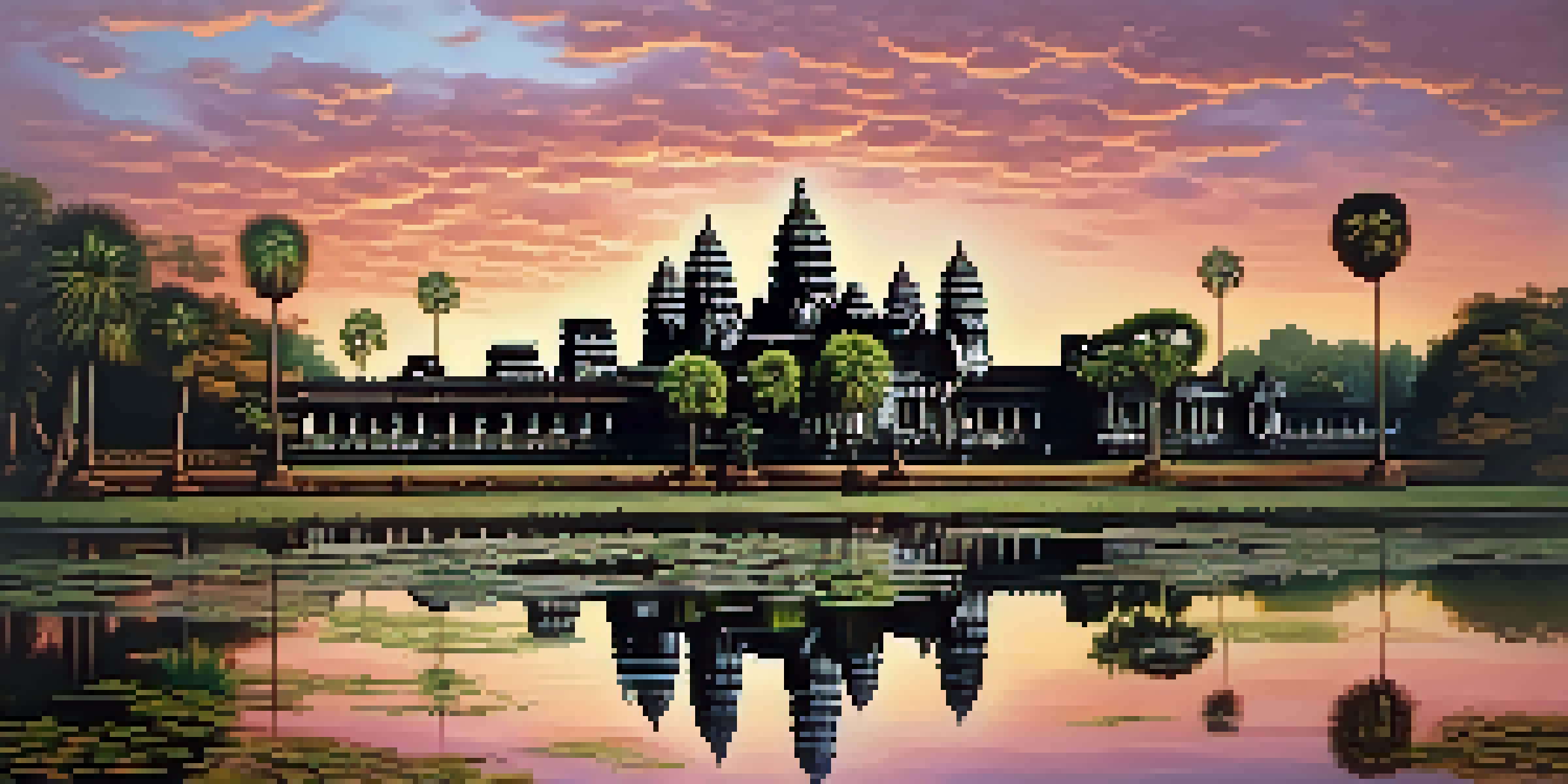 A beautiful sunrise over the Angkor Wat temple, with intricate carvings and reflection in the water, surrounded by lush greenery.