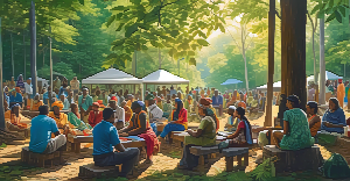 A diverse group of local community members gathered in a forest discussing conservation, surrounded by greenery and wildlife.