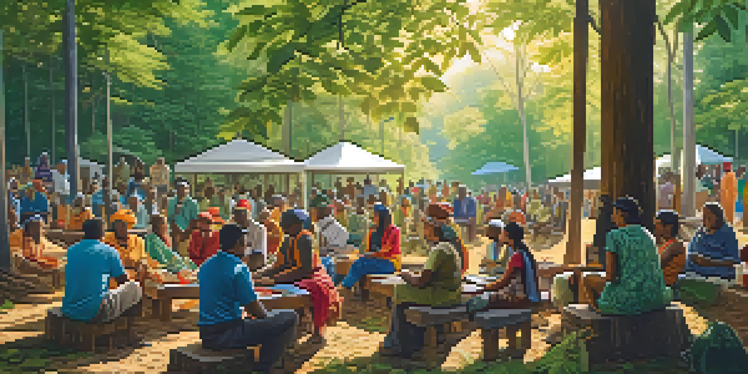 A diverse group of local community members gathered in a forest discussing conservation, surrounded by greenery and wildlife.