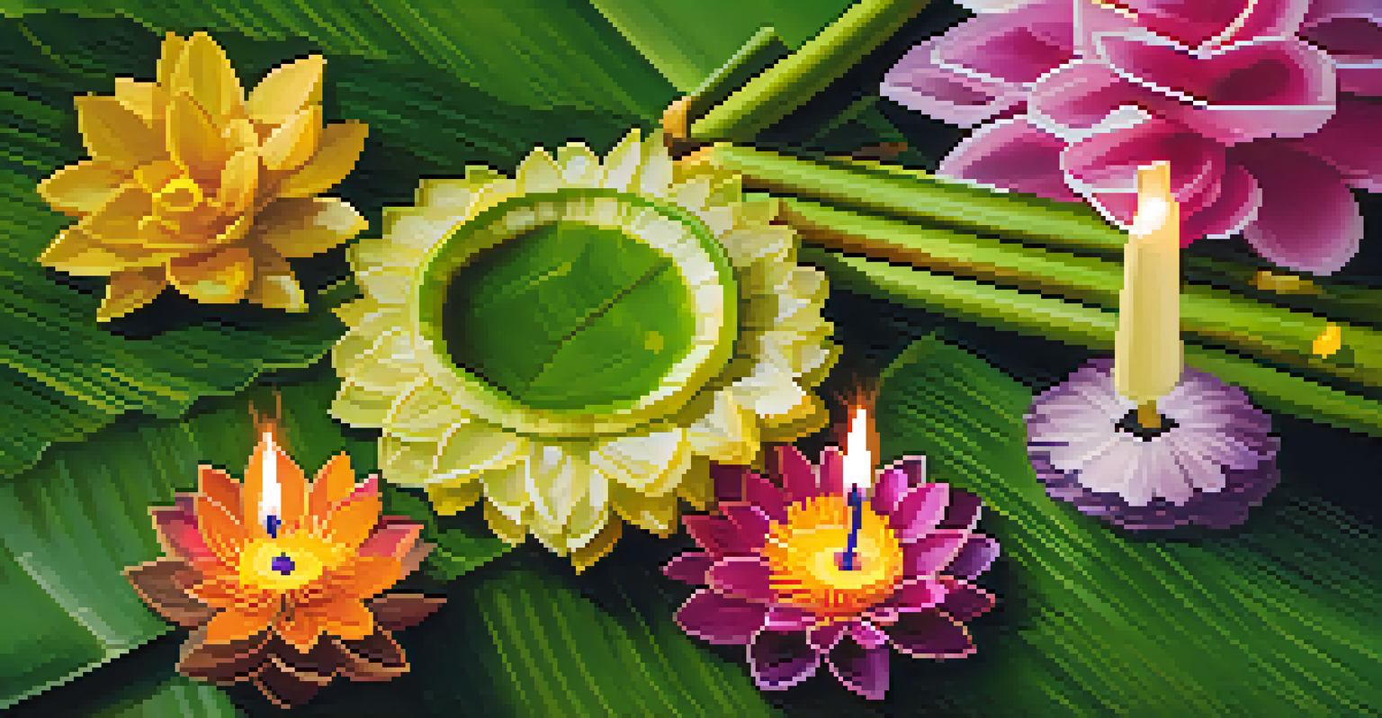 A detailed view of a beautifully crafted krathong made from banana leaves and flowers, featuring a lit candle.