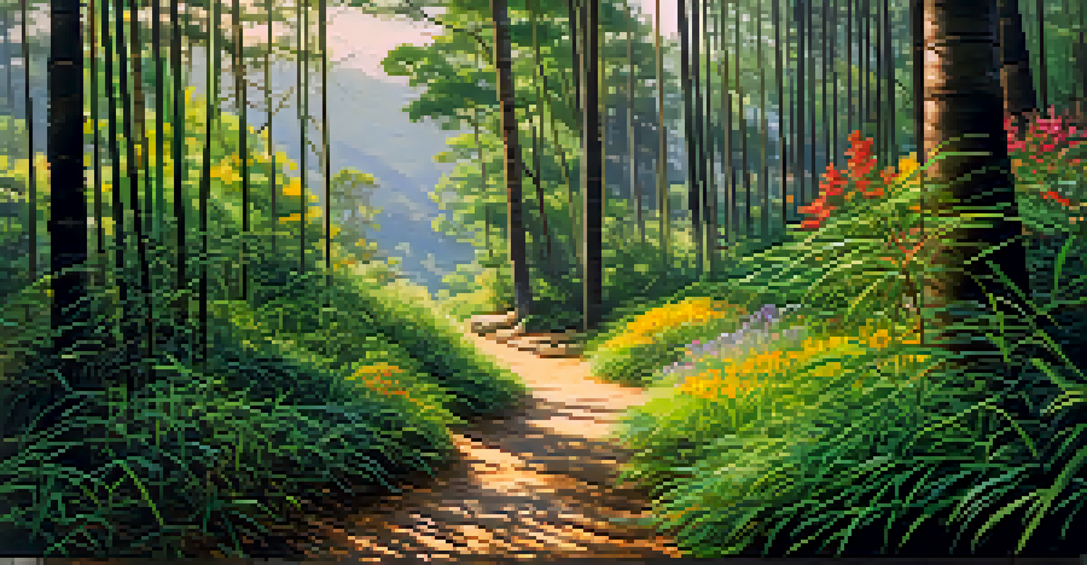 A winding path through a bamboo grove and pine forest with sunlight filtering through the leaves and colorful wildflowers.