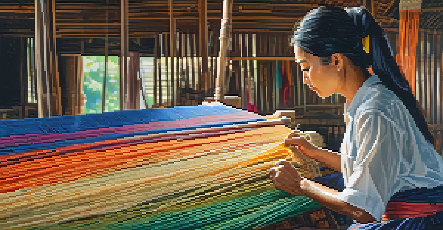 An artisan weaving colorful textiles in a sunlit workshop, showcasing traditional craftsmanship in sustainable fashion.
