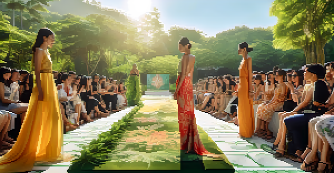 An outdoor sustainable fashion event in Thailand with local designers presenting eco-friendly garments amidst lush greenery and warm sunlight.