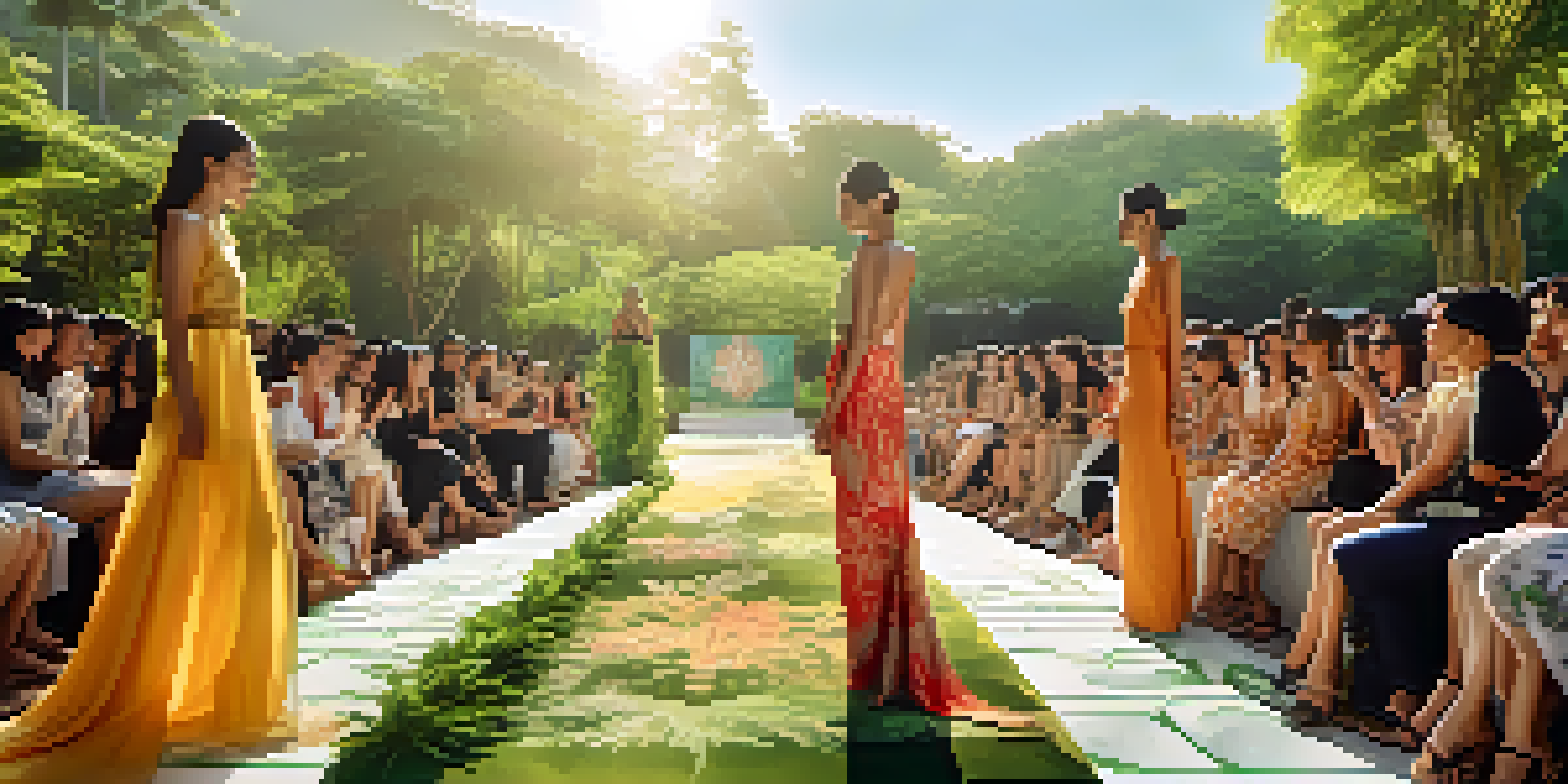 An outdoor sustainable fashion event in Thailand with local designers presenting eco-friendly garments amidst lush greenery and warm sunlight.