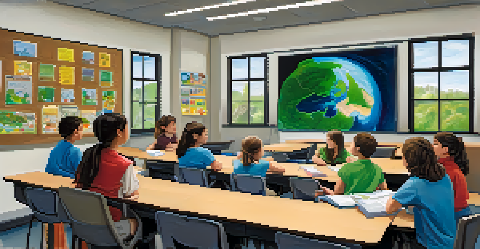 A classroom with students listening to a teacher about environmental science, decorated with educational posters and natural light.