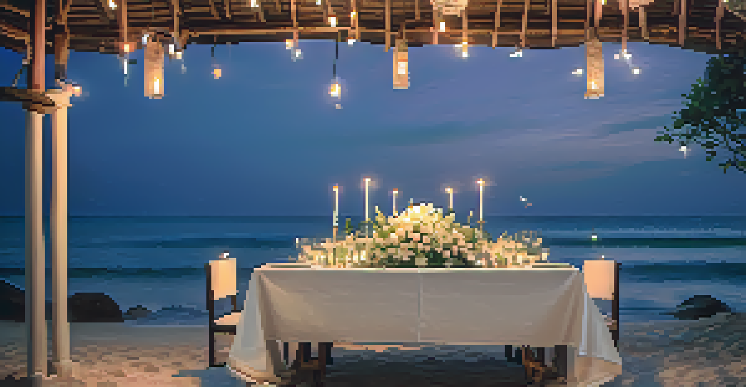 A romantic beach dining setup with a candlelit table, surrounded by the ocean and twilight skies.