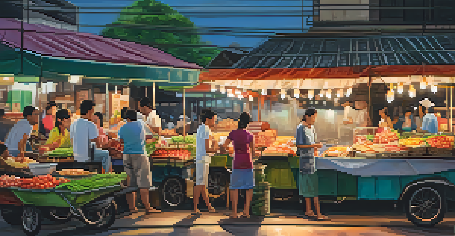 A bustling street food market in Bangkok with colorful stalls and vendors preparing Thai dishes, capturing the vibrant atmosphere and local culture.